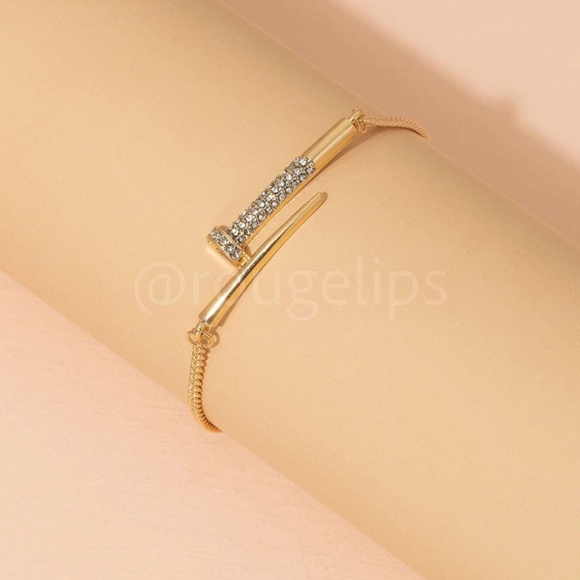 Rhinestone Embellished Gold Tone Nail Chain Dangle Bracelet Drawstring - Picture 1 of 4